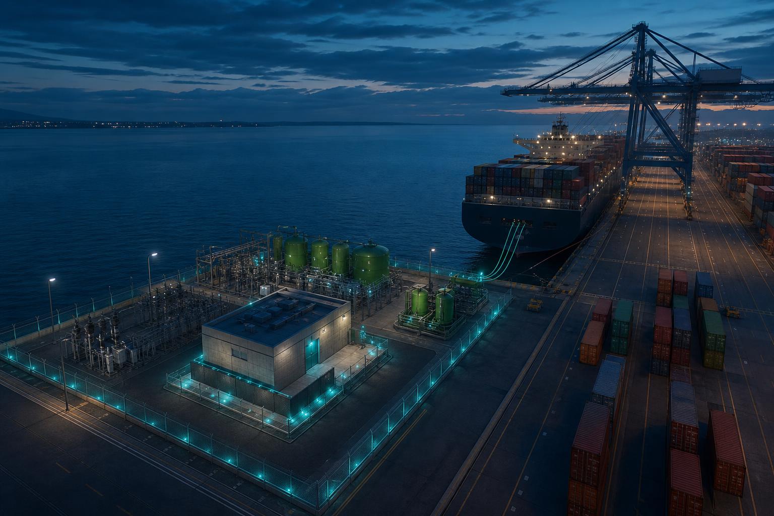 Twilight aerial render of a TidalCore reactor vault integrated into a container shipping port with adjacent ammonia synthesis tanks and a berthed vessel